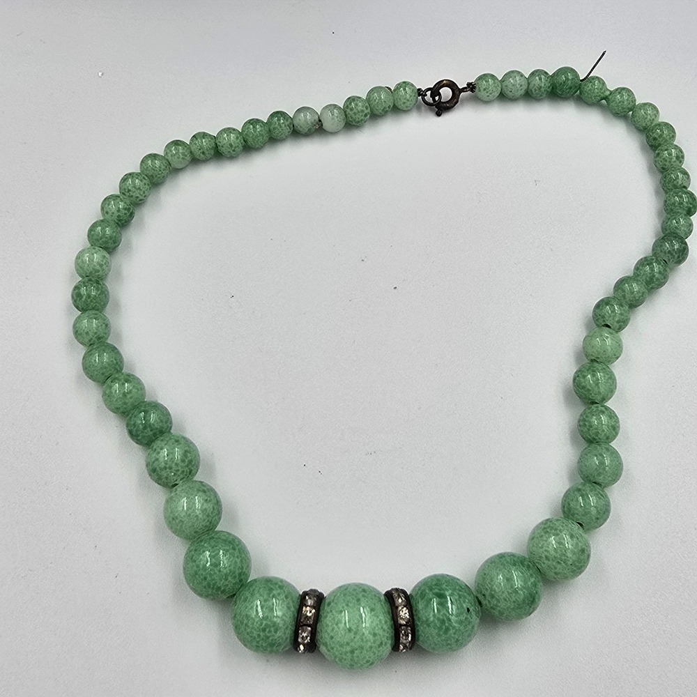 Antique Green Peking Glass Necklace Bead Rhinestone Choker 14" - Picture 3 of 5